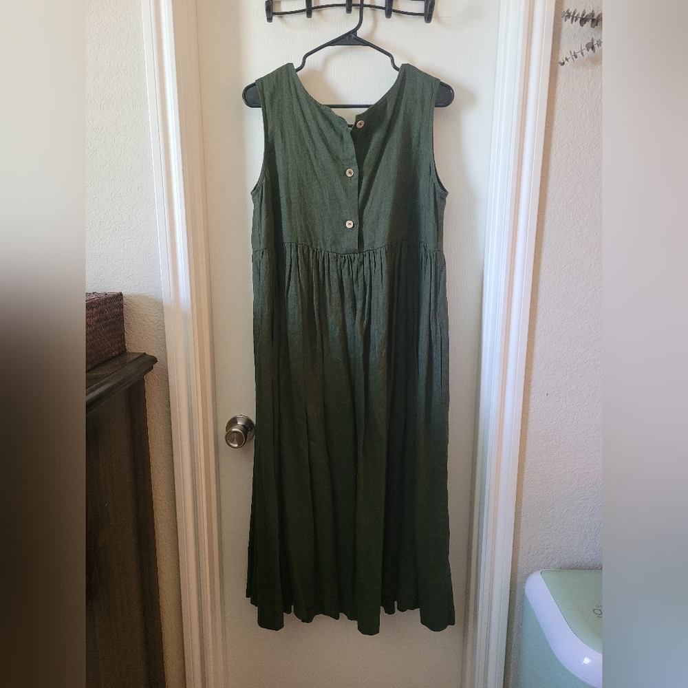 LinenFox Organic Linen Button Dress in Forest Green S/M